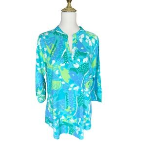 Escapada Living Womens Medium Blue Green Tropical Fish Print Tunic 3/4 Sleeve